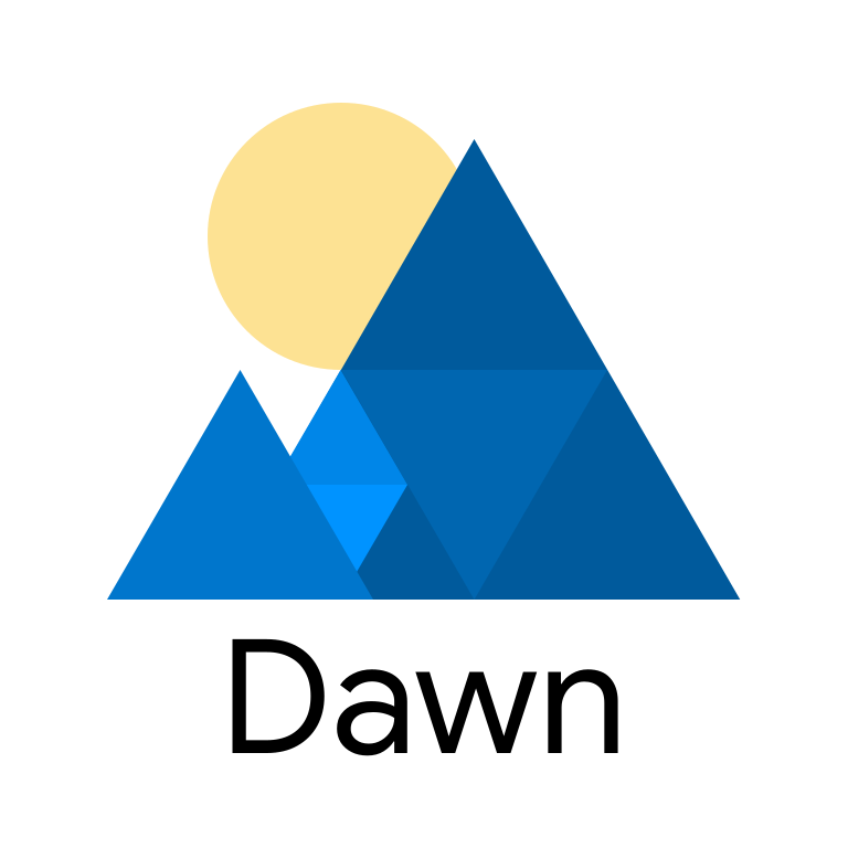 Dawn's logo: a sun rising behind a stylized mountain inspired by the WebGPU logo. The text "Dawn" is written below it.